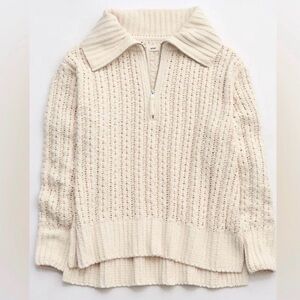 Aerie Cable Car Quarter Zip Oversized Sweater | Ivory | Size XS